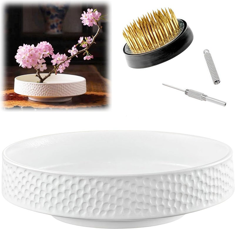 Eggone Japanese Ikebana Vase Kit, Flower Shallow Container Ceramics Flower Bowl Ikebana Vase with 1.57inch Flower Frog and Floral Frog Floristry Kenzan Needle Straightening Tool - Image 1